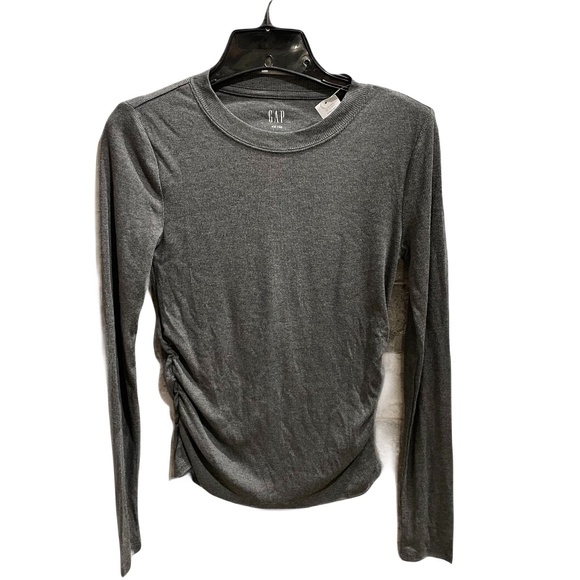 ❤️ GAP GREY RIBBED RUCHED CREWNECK LONG SLEEVE TEE SHIRT SIZE XS NEW - Picture 1 of 5
